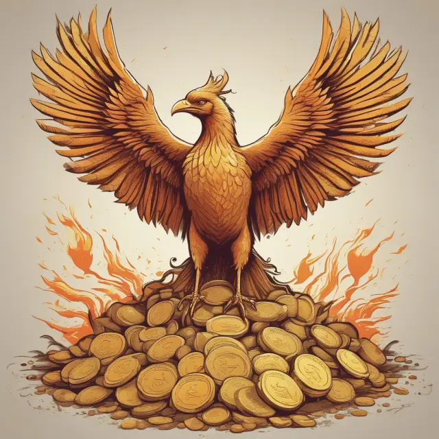 An image of a mythical phoenix emerging from a nest made of gold coins and various stocks, representing the benefits and advantages of issuing preferred stock for corporations.