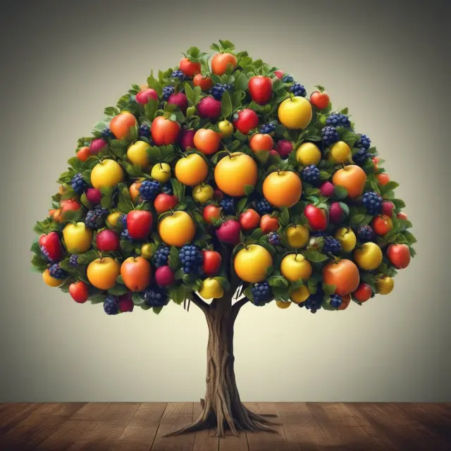 A tree bursting with yield fruits symbolizing preferred stocks, growing steadily among debt and equity roots