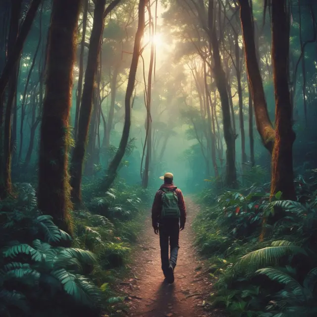 An explorer in a rainforest setting represents an early bird trader taking advantage of pre-market trading hours, with market data and charts displayed on various devices.