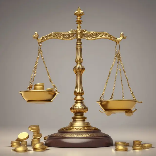 An old-fashioned scale with gold coins weighing down the