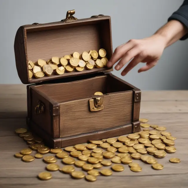 An options seller pours gold coins symbolizing premiums into a treasure chest