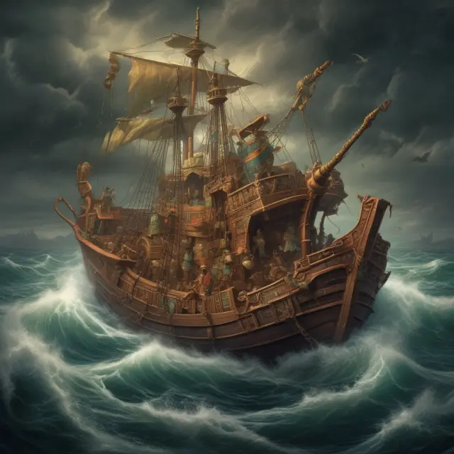 Ancient merchant pays premiums (gold) to sea gods for protection during a storm