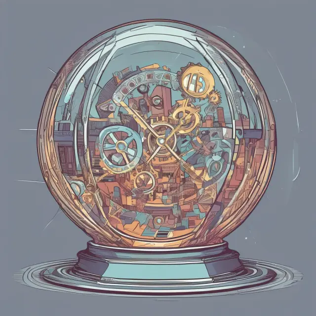 Crystal ball displaying intricate gears and economic charts representing future financial premiums