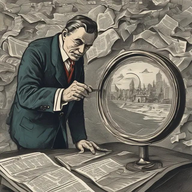 An investor closely inspecting a vintage premium bond while standing on a shore, with the economic tides representing market trends flowing behind them