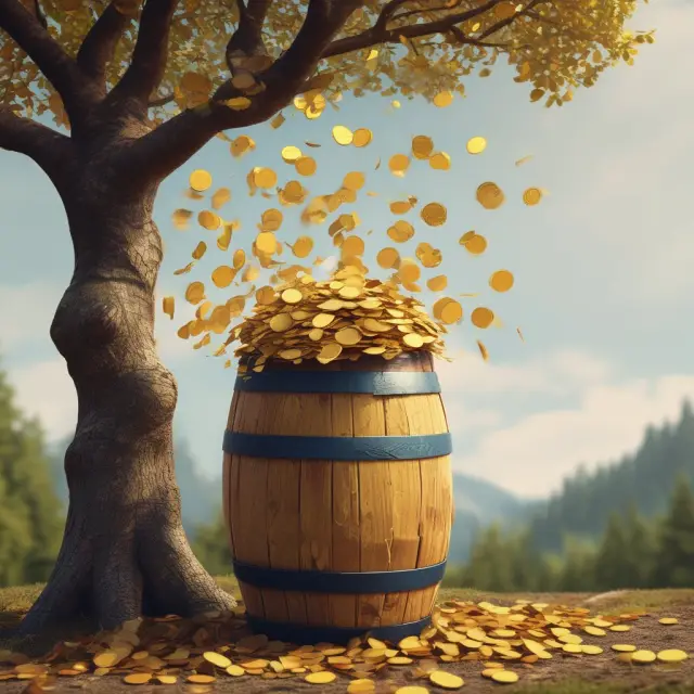 A tree sheds golden coins into a barrel symbolizing the concept of calculating the present value of an ordinary annuity