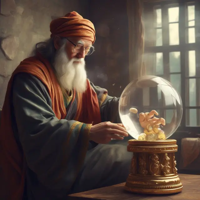 Ancient scholar calculating present value with a crystal ball and gold coins