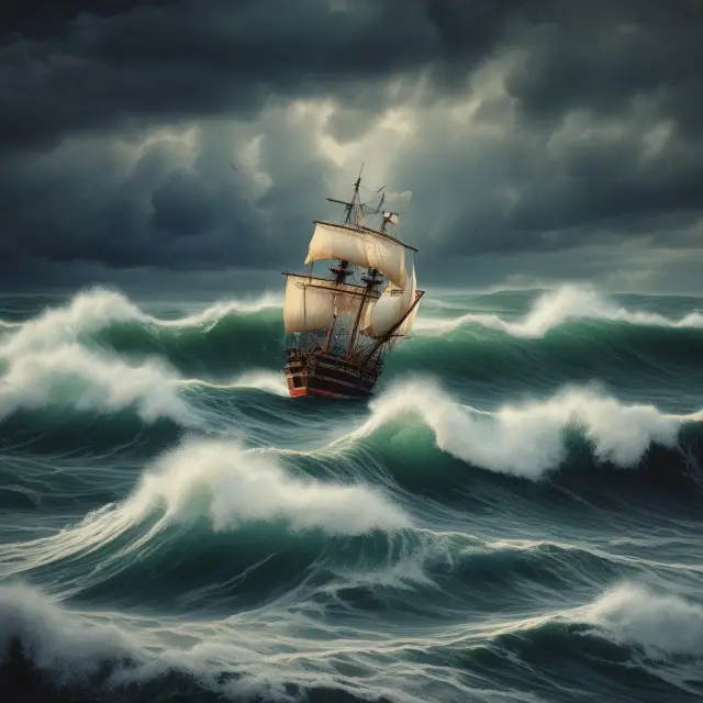 A tranquil U.S. Treasury bill on a turbulent sea, symbolizing the risk-free rate as an essential benchmark for determining investment discount rates
