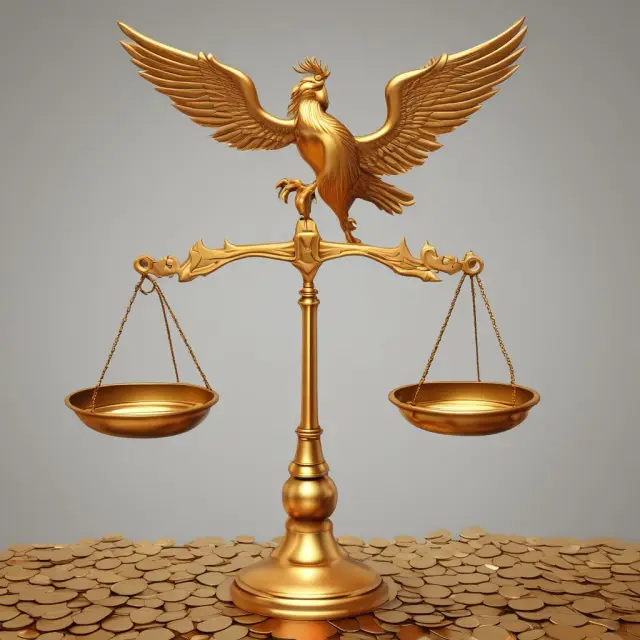 A golden scale displays coins being weighed against a fiery phoenix, symbolizing the importance of accounting for inflation when calculating present values.