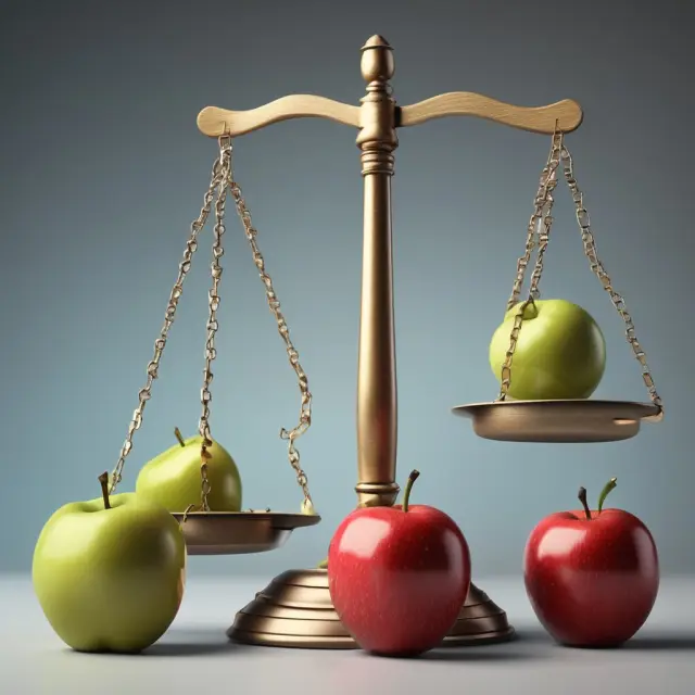 A balanced scale tips towards apples signifying revenues; pears represent expenses in the calculation of pretax earnings