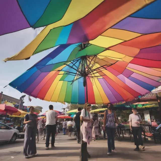 A consumer purchasing essential goods under a rainbow-colored price ceiling, symbolizing affordability and relief