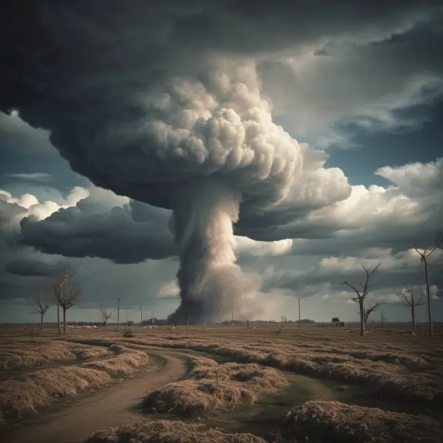 A tornado symbolizing price ceiling disrupts market equilibrium, leading to a deadweight loss represented by the triangular area between consumer and producer surplus.