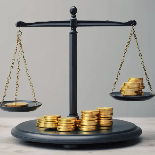 A balanced scale with gold coins symbolizing advantages of P/E ratios and lead pebbles depicting disadvantages, emphasizing the importance of considering both