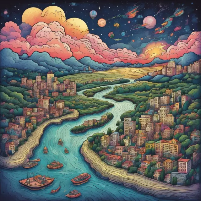 Steadily flowing river for utilities, maze of buildings for real estate, and an evolving nebula for technology, each industry illustrated with corresponding P/E ratio representation