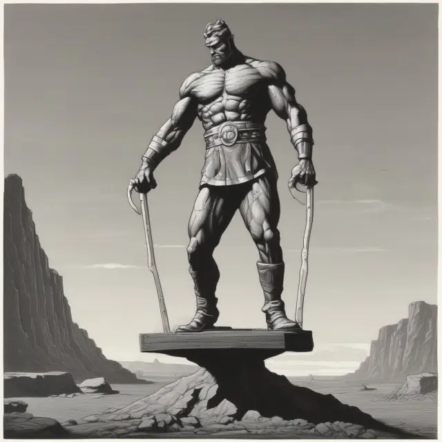 A powerful figure symbolizing price leadership stands on a seesaw representing the stock market, its actions shaping industry trends and company profitability.