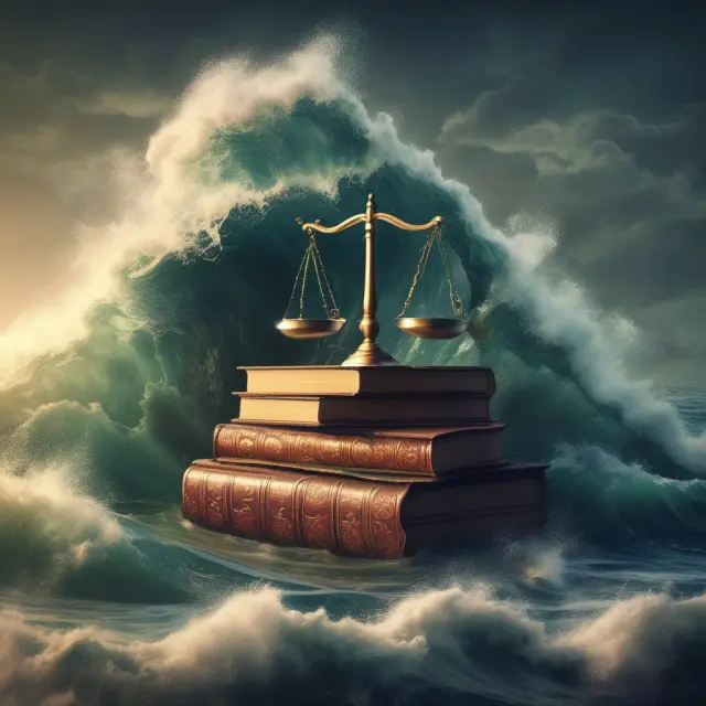 A scale submerged in a sea of stock prices reveals the underlying book values of various companies, highlighting undervalued stocks with lower P/B ratios.