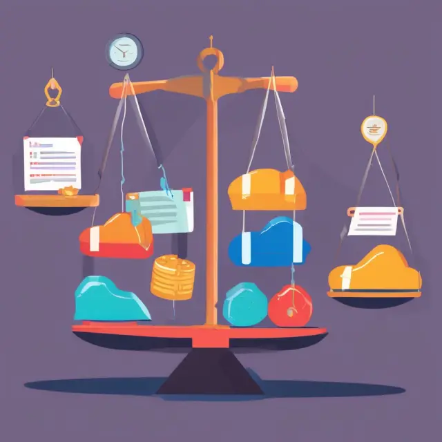 A balance scale with gems representing various business segments and piled financial reports to depict P/B ratio evaluation for diversified companies