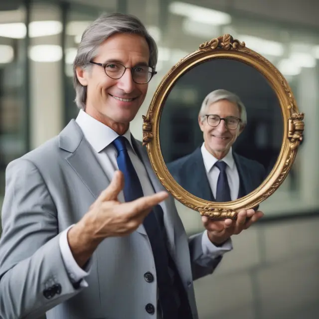 An institutional investor holds a mirror reflecting the Price-to-Book (P/B) ratio, which reveals a company