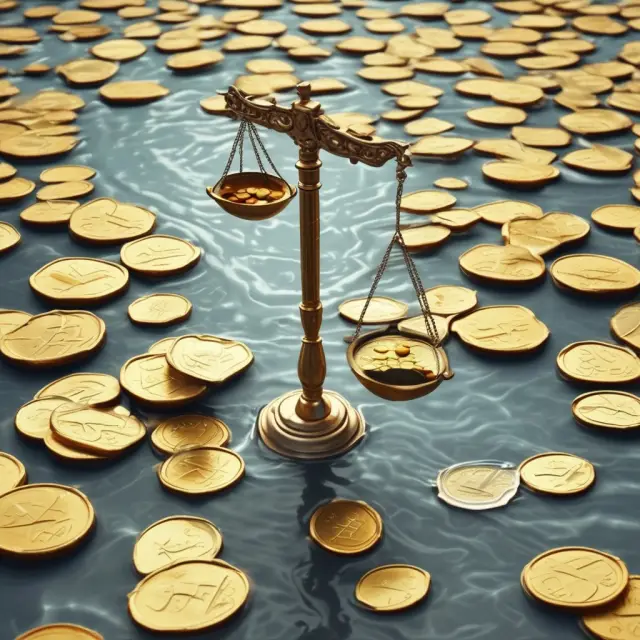 Golden scale tilting towards coins amidst cascading cash flow streams, symbolizing P/CF ratio evaluation