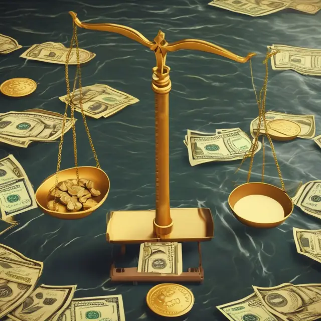 Scale weighs stock prices against golden cash flow streams in a river, signifying P/CF ratio analysis.