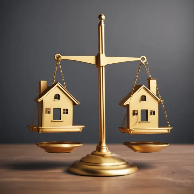 Two golden scales balance price-to-rent ratios, illustrating affordability comparison between renting and buying.