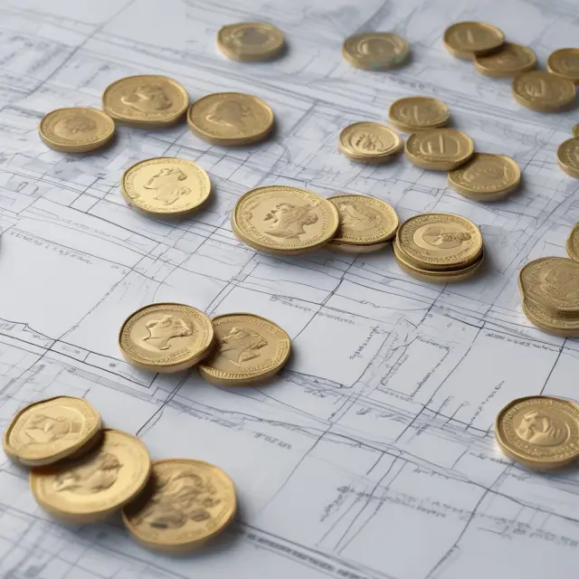 Golden coins symbolizing sales and silver coins illustrating earnings in a financial model. Blueprint of P/S, P/E, P/B, and debt ratios.