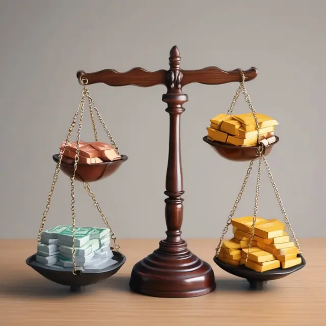 An equilibrium scale weighs a basket of goods representing the economy, with price level index inscriptions adjusting upward or downward