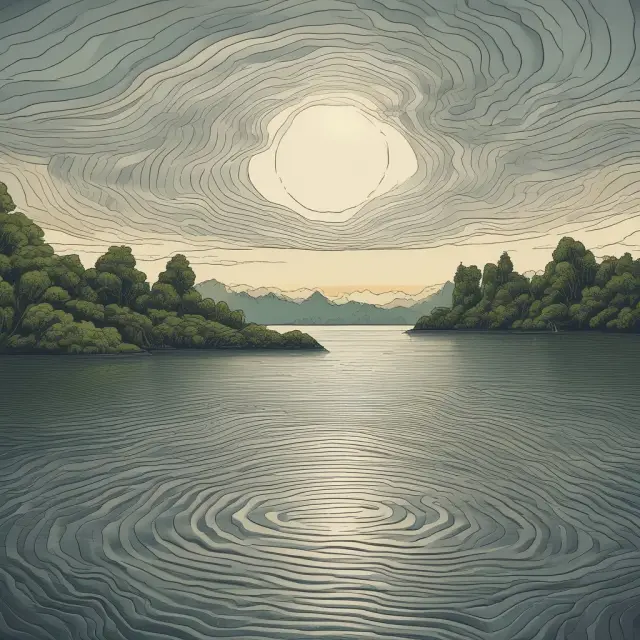 Stable price level as a serene lake, ripples symbolizing inflation, and calm waves representing deflation.