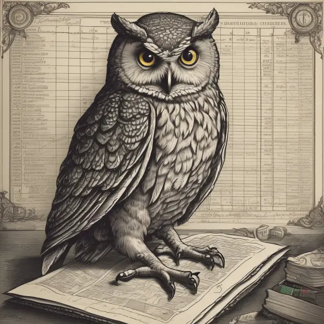An owl examines historical price charts, symbolizing wisdom and market insights