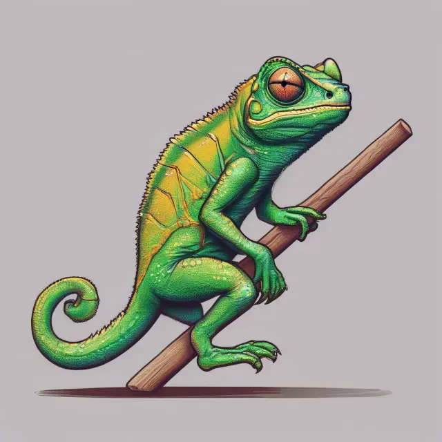 A reluctant chameleon sits atop an economic seesaw, illustrating price stickiness
