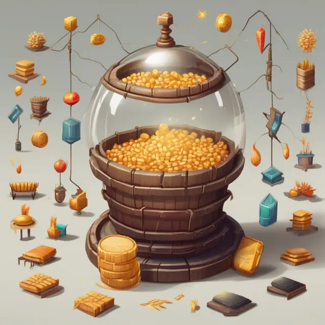 Diverse commodities surrounding a crystal ball representing benchmarks and futures contracts interacting with connected price graphs
