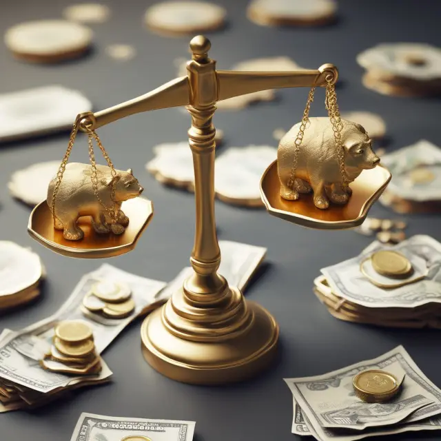 Golden scale holds price bull and bear, weighing company