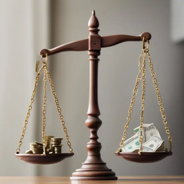 A balanced scale with one pan labeled 