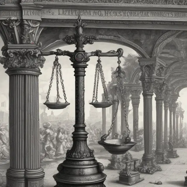 Two scales balanced, with a large gold weight symbolizing high-priced stocks dominating the price-weighted index