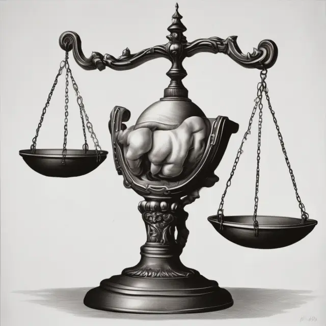 Judge examining a contract on scales, with prima facie side tipping but preponderance of evidence side waiting to balance.