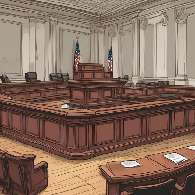 A scale tips with prima facie evidence towards a trial setting, contrasted by an empty courtroom symbolizing summary judgment
