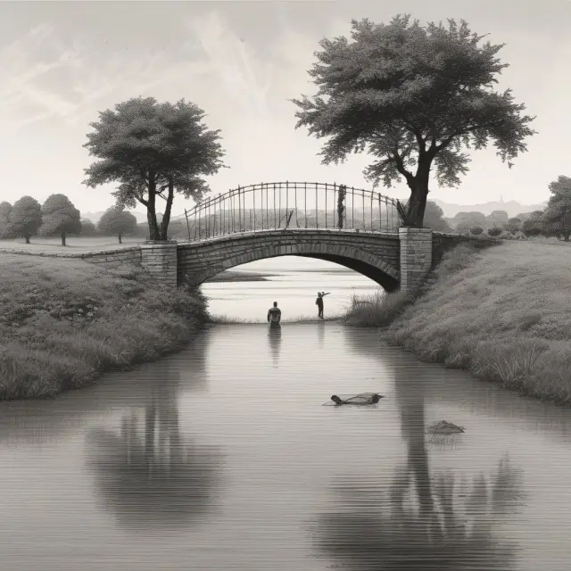 A bridge symbolizing duty, a broken bridge for breach, a ripple effect representing causation, and a scale imbalance showcasing damages in a prima facie negligence case.