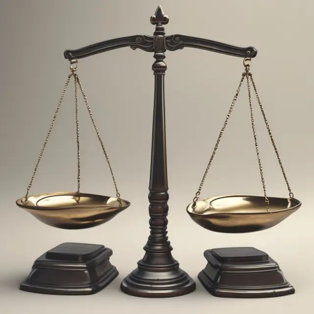 Scales representing prima facie concept in law (one side with a lawbook) and finance (other side with a financial contract)