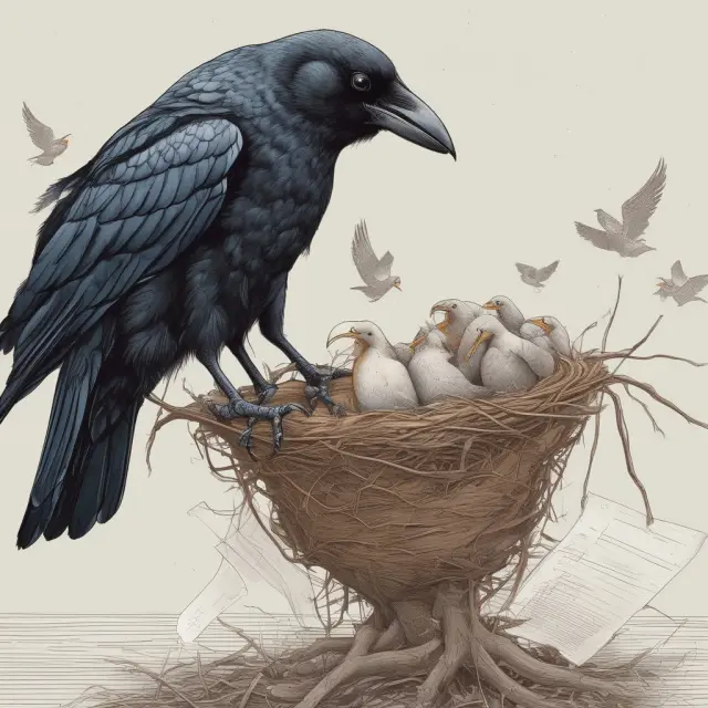 A crow sits atop a nest crafted from financial documents, symbolizing the issuer