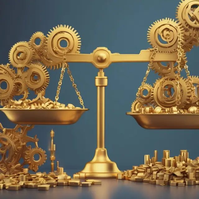A golden scale with prime costs represented by a weighing gold bar, balanced against industrial gears representing overhead costs.