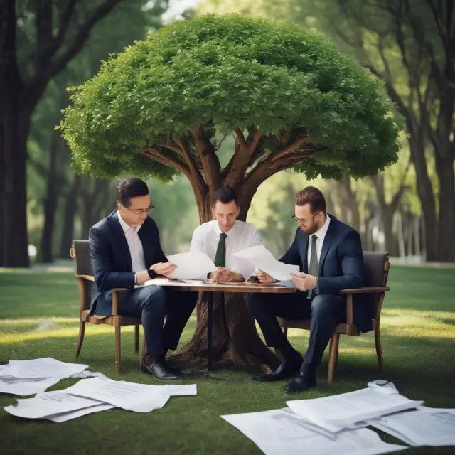 Prime broker (PB) and hedge fund executives signing an agreement atop a tree of interconnected financial contracts
