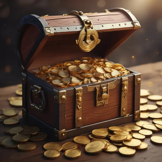 Golden chest overflowing with coins representing various revenue sources for a prime brokerage: service fees, commission-based arrangements, securities lending, interest income.