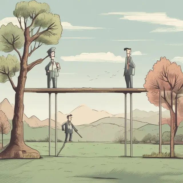 Principal-Agent problem: Two figures trying to balance a seesaw while representing conflicting interests