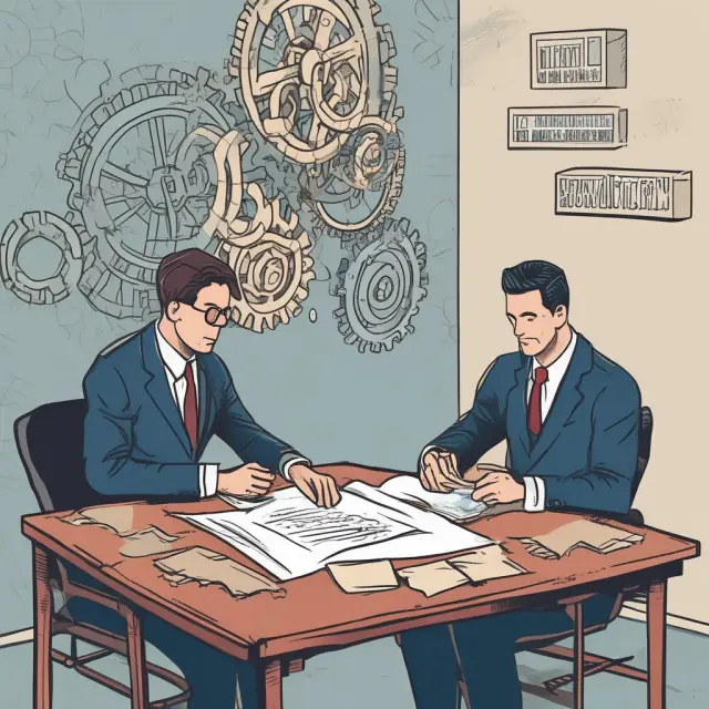 Principals and agents negotiating contract design: Gears symbolize misaligned info, monitoring, and incentives alignment.