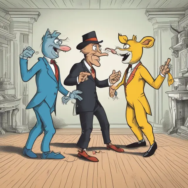 Principal, Agent, and Industry Mascots symbolically engaging in a three-person dance, representing their dynamic relationship and the need for aligned incentives