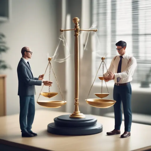 A principal stands on a digital scale, while an agent holds two hourglasses filled with information – technology enhances their balance through better communication and performance evaluation