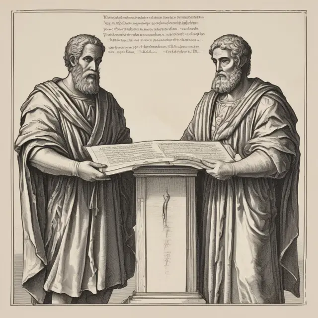 Principal-Agent relationship represented by Romans exchanging a legal mandate scroll, emphasizing formal trust and commitment.