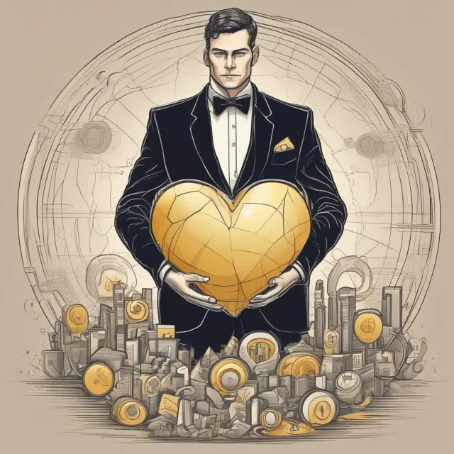An agent in a tuxedo protects a golden heart surrounded by financial instruments, illustrating the duty of loyalty in principal-agent relationships.