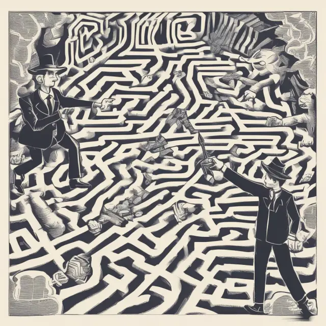 An investor hands over a key to a fund manager amidst a complex financial market maze, symbolizing the principal-agent relationship.
