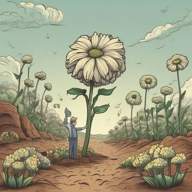 A flower bed with seeds representing investment principal surrounded by watering cans (yield types). A relentless wind symbolizes inflation, affecting the size and value of flowers (investments).