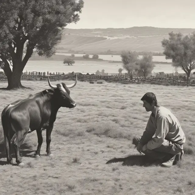 Image of two villagers in a village setting, each grazing one cow and considering adding another, illustrating the tragedy of the commons
